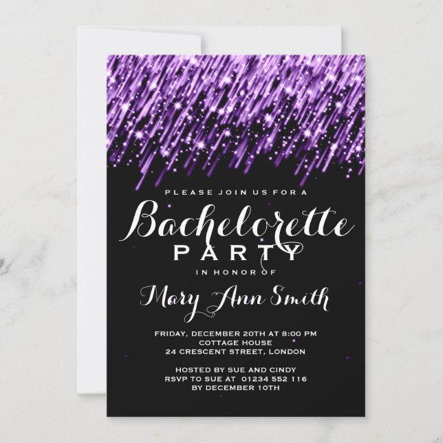 Elegant Bachelorette Party Falling Stars Purple Invitation (Front)