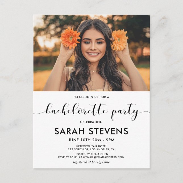 Elegant Bachelorette Party photo invitation Postcard (Front)