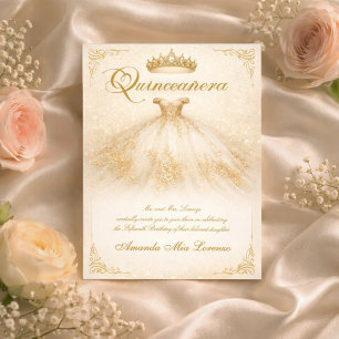 Elegant Ball Gown   Ivory & Gold Quinceanera Invitation