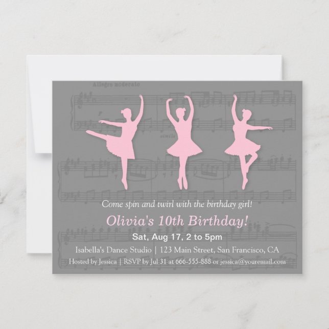 Elegant Ballerina Dance Birthday Party Invitations (Front)