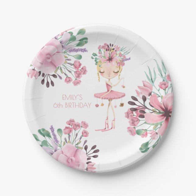 Elegant Ballerina Florals Girl 6th Birthday Party Paper Plate (Front)