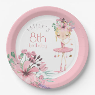 Elegant Ballerina Florals Girl 8th Birthday Party Paper Plate