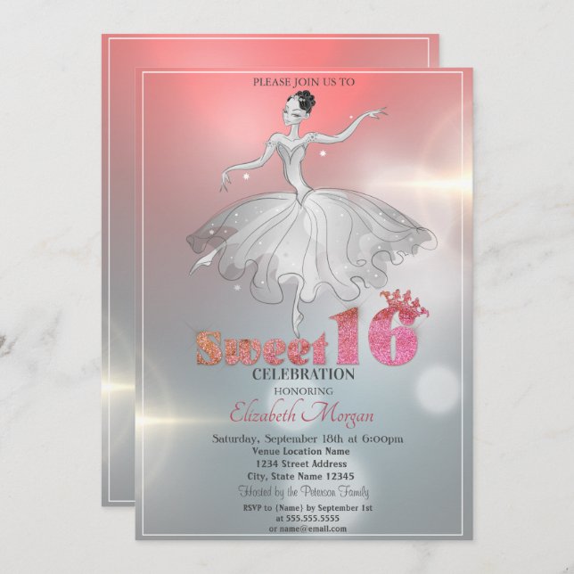 Elegant Ballerina, Glitter Sweet 16 Invitation (Front/Back)
