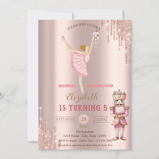 Elegant Ballerina Nutcracker Rose Gold Drips  Invitation (Front)