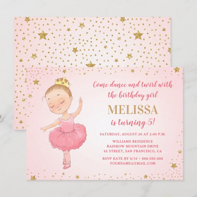 Elegant Ballerina Pink Gold Glitter Girl Birthday Invitation (Front/Back)