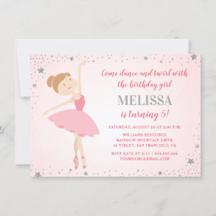 Elegant Ballerina Pink Silver Stars Girl Birthday Invitation