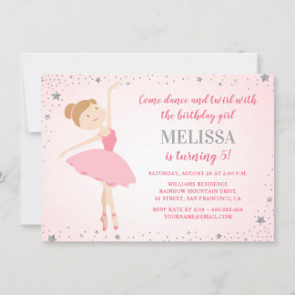 Elegant Ballerina Pink Silver Stars Girl Birthday Invitation