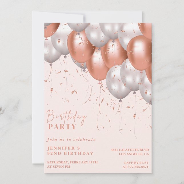 Elegant Ballons Rose gold 92nd birthday Invitation (Front)