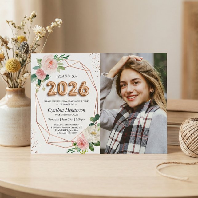 Elegant Balloon Year 2026 Floral Photo Graduation Invitation (Creator Uploaded)