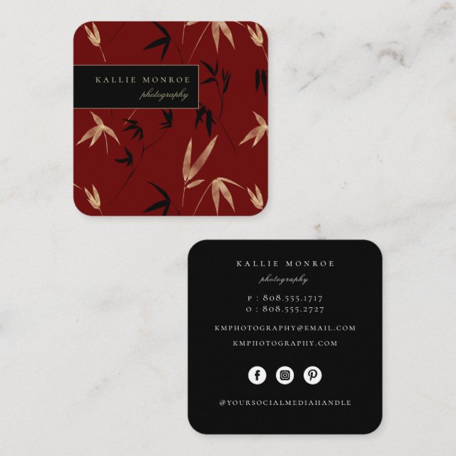 Elegant Bamboo Foliage Dark Red Square Business Card (Front/Back)