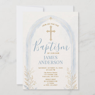 Elegant Baptism Blue Gold Cross Floral Arch Boho Invitation