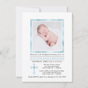 Elegant BAPTISM CHRISTENING Cross Blue Boy PHOTO Invitation