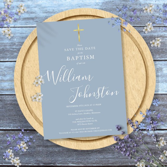 Elegant Baptism Christening Gold Cross Dusty Blue Save The Date (Elegant Baptism Christening Gold Cross Dusty Blue Save The Date)