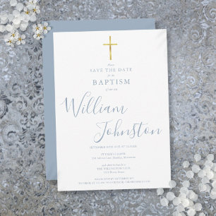 Elegant Baptism Christening Gold Cross Dusty Blue Save The Date
