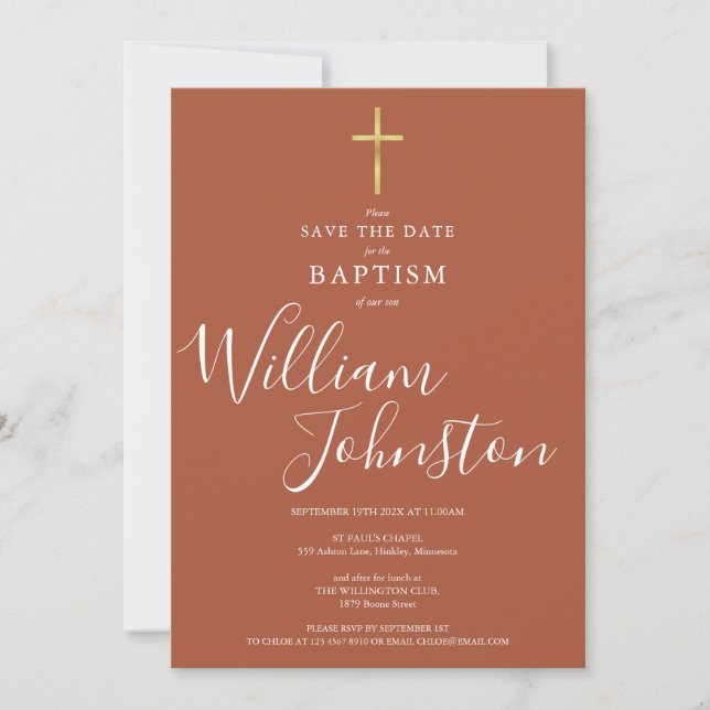 Elegant Baptism Christening Gold Cross Terracotta Save The Date (Front)
