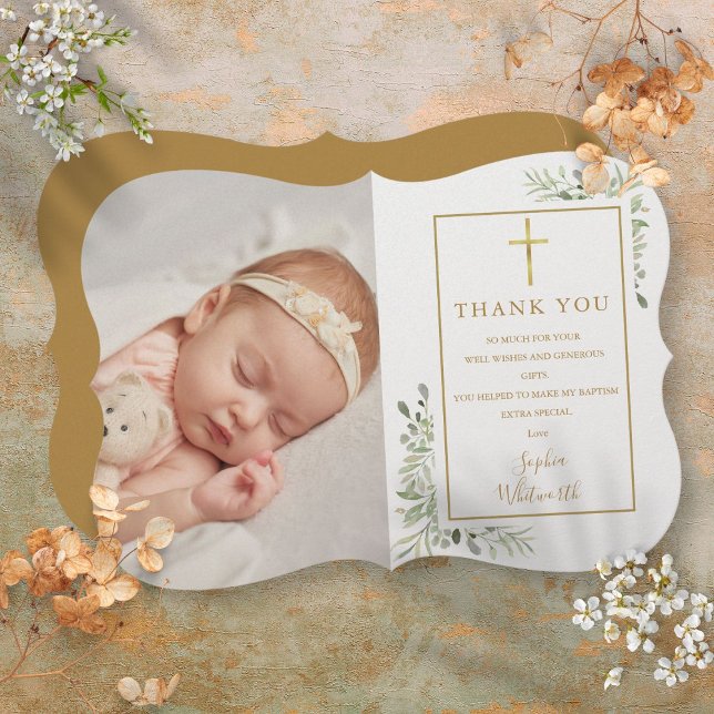 Elegant Baptism Christening Greenery Photo Thank You Card (Elegant Baptism Christening Greenery Photo Thank You Card)