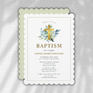 Elegant Baptism Gold Cross Watercolor Sage Invitation