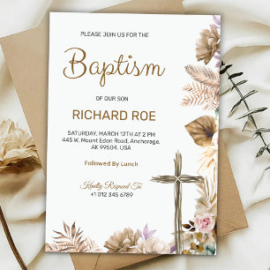 Elegant baptism invitation featuring floral accent