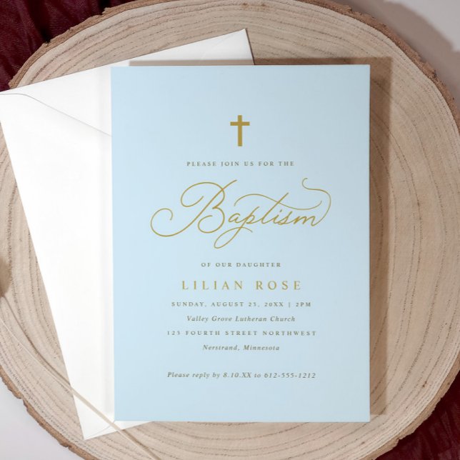 Elegant Baptism Invitations Cross Blue Boy (Light blue boy’s baptism invitation with gold script and cross—classic and customizable.)