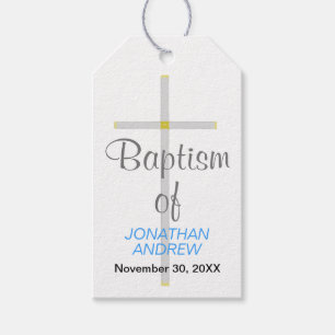 Elegant Baptism of Name Silver Cross Blue Gift Tags