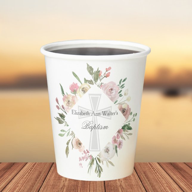 Elegant Baptism Party Custom Pink Floral Paper Cups (Creator Uploaded)