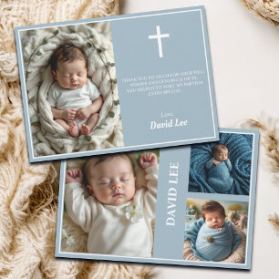 Elegant Baptism Photo Collage Dusty Blue Thank You Card