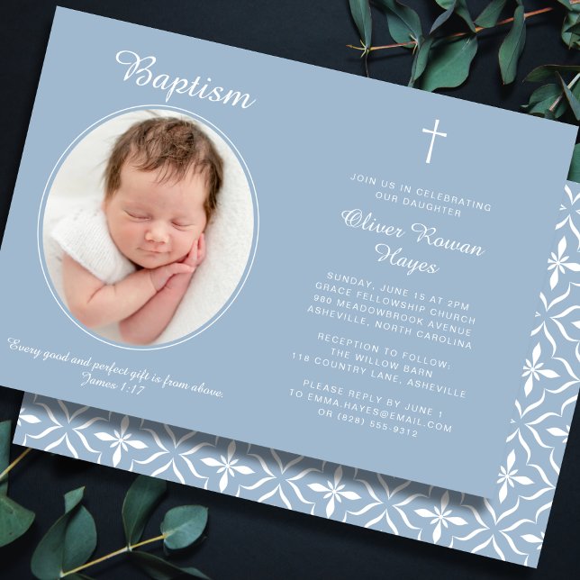 Elegant Baptism Religious Cross Photo Dusty Blue Invitation (Fully editable — personalize every detail.)