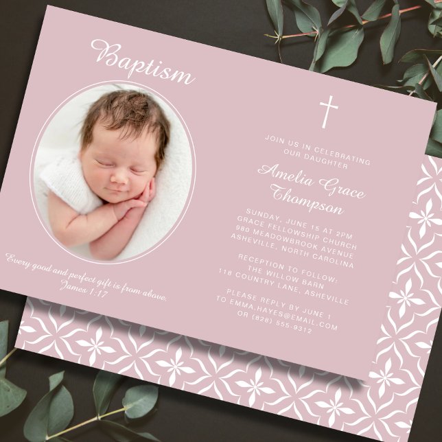 Elegant Baptism Religious Cross Photo Dusty Pink Invitation (Fully editable — personalize every detail.)