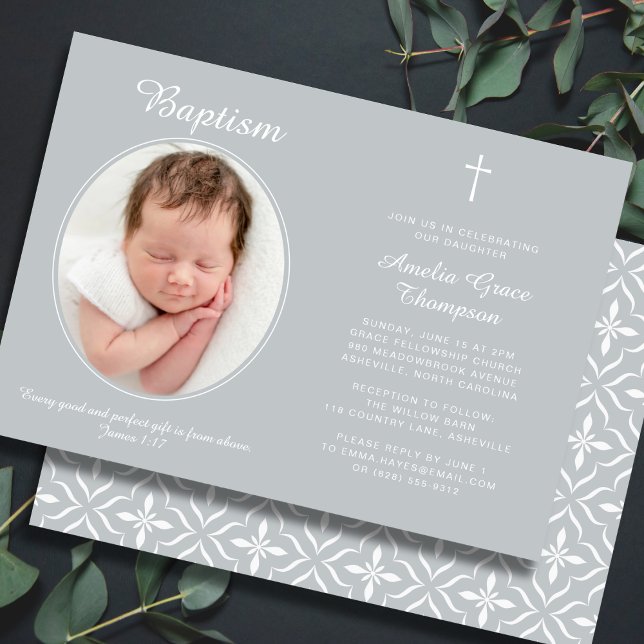Elegant Baptism Religious Cross Photo Neutral Gray Invitation (Fully editable — personalize every detail.)