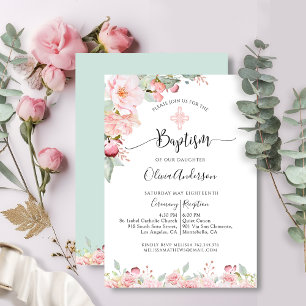 Elegant Baptism Rose Gold, Mint Floral Invitation