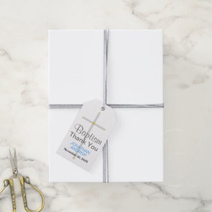 Elegant Baptism Silver Cross Blue Thank You   Gift Tags