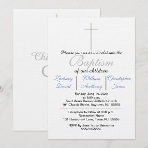 Elegant Baptism Silver Cross Blue Triplets Invitation