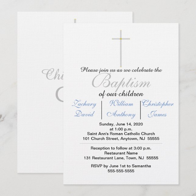 Elegant Baptism Silver Cross Blue Triplets  Invitation (Front/Back)
