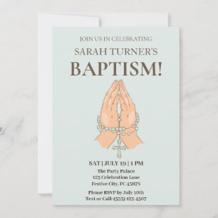 Elegant Baptism with Praying Hands Prayer Beads Invitation