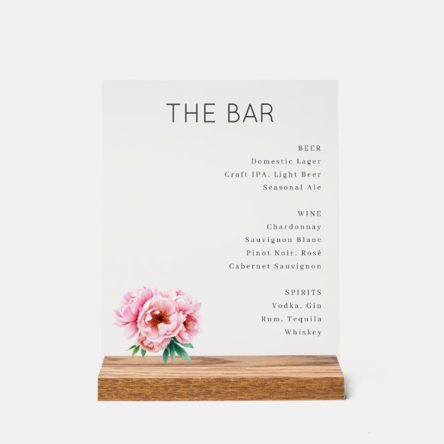 Elegant Bar Menu with Floral Touch Acrylic Sign (Front)
