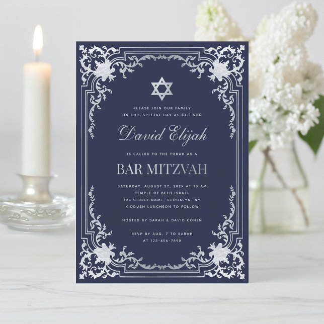 Elegant Bar Mitzvah Navy Blue Silver Grey Vintage Invitation (Creator Uploaded)