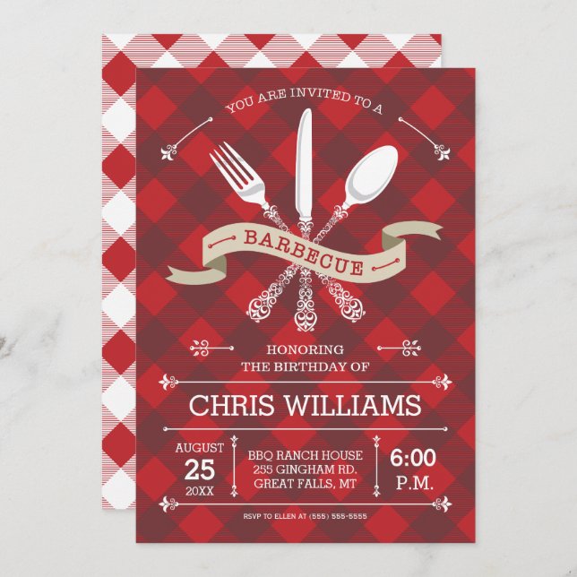 Elegant Barbecue Invitation on Gingham (Front/Back)
