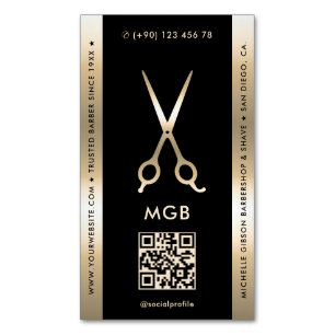 Elegant Barber Barbershop Black Gold Scissors Magnetic Business Card