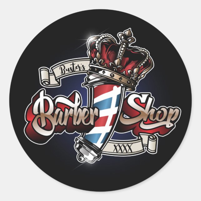 Elegant Barber Pole and Crown Personalise Classic Round Sticker (Front)
