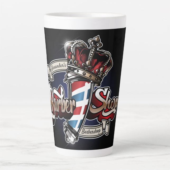 Elegant Barber Pole and Crown Personalise Latte Mug (Front)