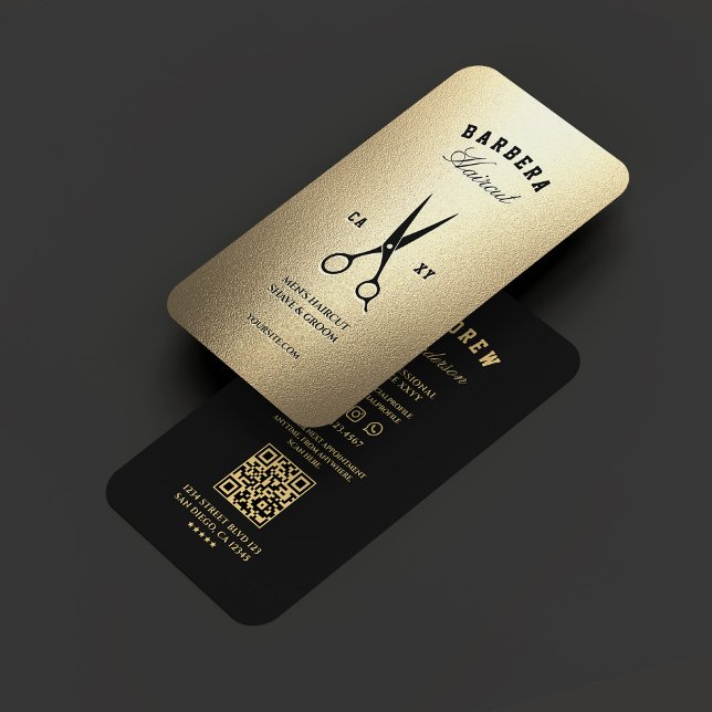 Elegant Barbershop Black Faux Gold Scissors  Business Card (Elegant Barbershop Black Gold Scissors Modern Business Card
)