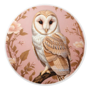Elegant Barn Owl Pink and Gold Floral Ceramic Knob
