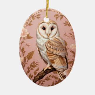 Elegant Barn Owl Pink and Gold Floral  Ceramic Tree Decoration
