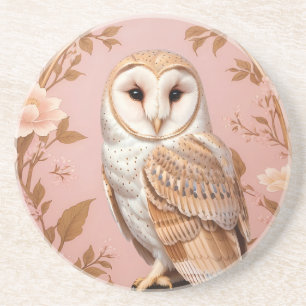 Elegant Barn Owl Pink and Gold Floral Coaster