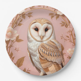 Elegant Barn Owl Pink and Gold Floral  Paper Plate
