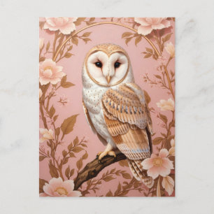 Elegant Barn Owl Pink and Gold Floral Postcard