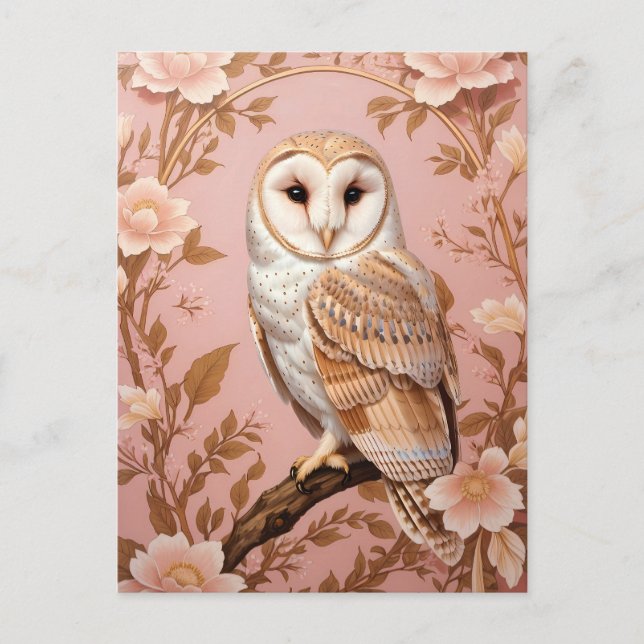 Elegant Barn Owl Pink and Gold Floral  Postcard (Front)
