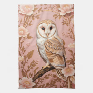 Elegant Barn Owl Pink and Gold Floral Tea Towel
