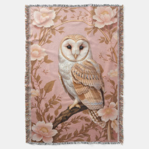 Elegant Barn Owl Pink and Gold Floral Throw Blanket