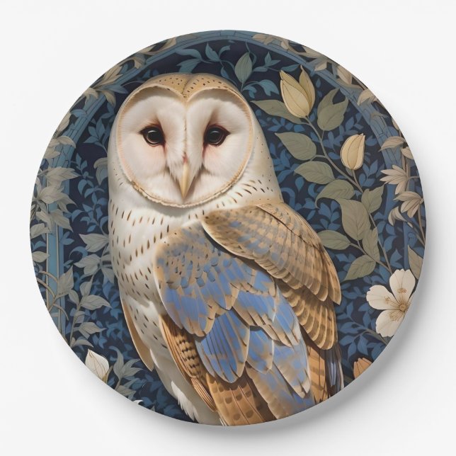 Elegant Barn Owl William Morris Inspired Floral Paper Plate (Front)